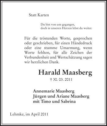 Traueranzeige von Harald Maasberg von ALLGEMEINE ZEITUNG UELZEN