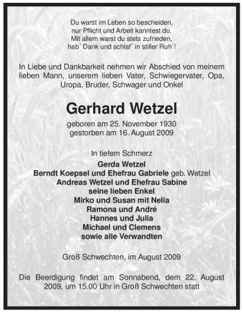 Traueranzeige von Gerhard Wetzel von ALLGEMEINE ZEITUNG UELZEN