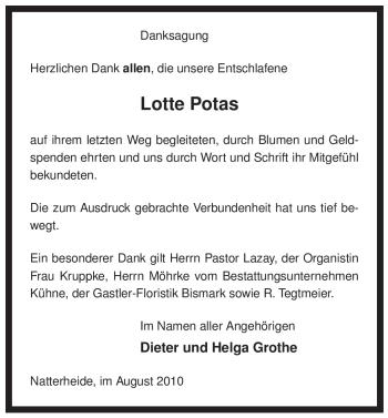 Traueranzeige von Lotte Potas von ALLGEMEINE ZEITUNG UELZEN