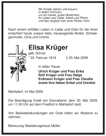 Traueranzeige von Elisa Krüger von ALLGEMEINE ZEITUNG UELZEN