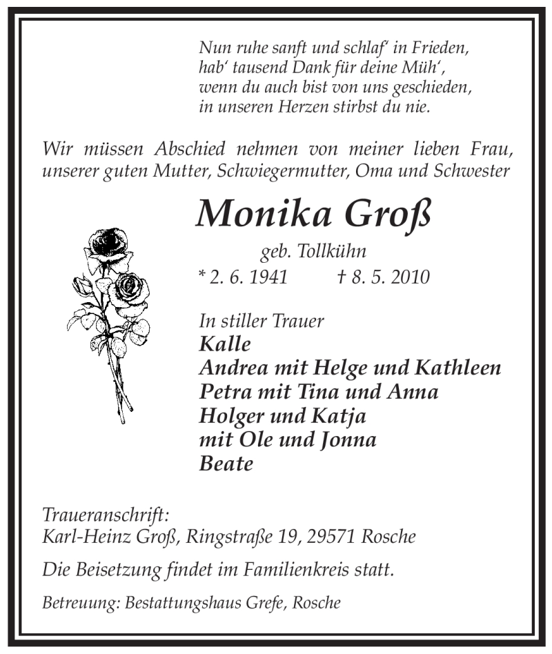  Traueranzeige für Monika Groß vom 12.05.2010 aus ALLGEMEINE ZEITUNG UELZEN