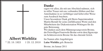 Traueranzeige von Albert Wieblitz von ALLGEMEINE ZEITUNG UELZEN