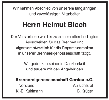 Traueranzeige von Helmut Bloch von ALLGEMEINE ZEITUNG UELZEN