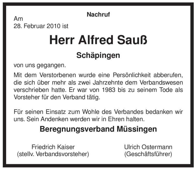  Traueranzeige für Alfred Sauß vom 03.03.2010 aus ALLGEMEINE ZEITUNG UELZEN