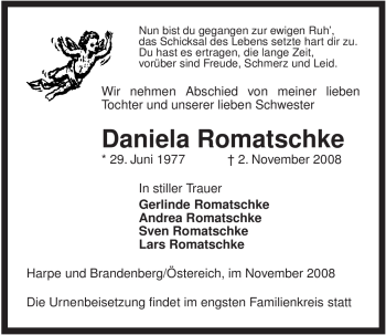 Traueranzeige von Daniela Romatschke von ALLGEMEINE ZEITUNG UELZEN