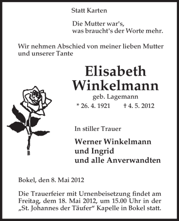 Traueranzeige von Elisabeth Winkelmann von ALLGEMEINE ZEITUNG UELZEN