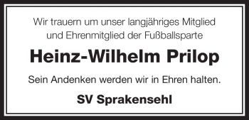 Traueranzeige von Heinz-Wilhelm Prilop von ALLGEMEINE ZEITUNG UELZEN