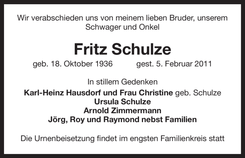  Traueranzeige für Fritz Schulze vom 09.02.2011 aus ALLGEMEINE ZEITUNG UELZEN