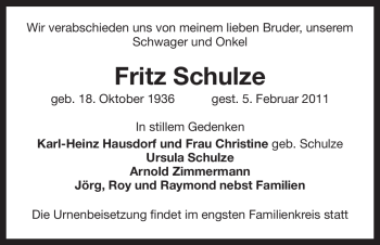 Traueranzeige von Fritz Schulze von ALLGEMEINE ZEITUNG UELZEN
