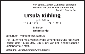 Traueranzeige von Ursula Rühling von ALLGEMEINE ZEITUNG UELZEN