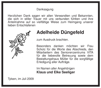 Traueranzeige von Adelheide Düngefeld von ALLGEMEINE ZEITUNG UELZEN