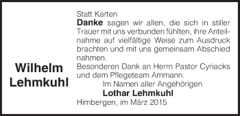 Traueranzeige von Wilhelm Lehmkuhl von Uelzen