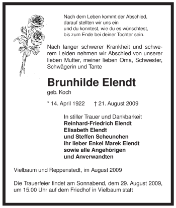 Traueranzeige von Brunhilde Elendt von ALLGEMEINE ZEITUNG UELZEN