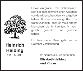 Traueranzeige von Heinrich Helbing von ALLGEMEINE ZEITUNG UELZEN