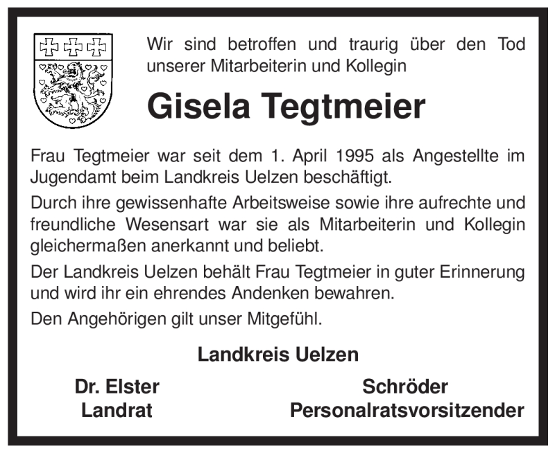  Traueranzeige für Gisela Tegtmeier vom 14.02.2009 aus ALLGEMEINE ZEITUNG UELZEN