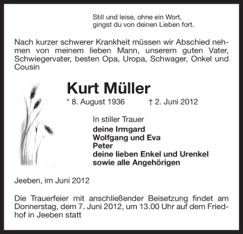 Traueranzeige von Kurt Müller von ALLGEMEINE ZEITUNG UELZEN