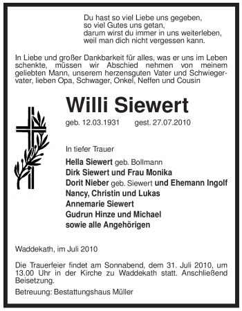 Traueranzeige von Willi Siewert von ALLGEMEINE ZEITUNG UELZEN