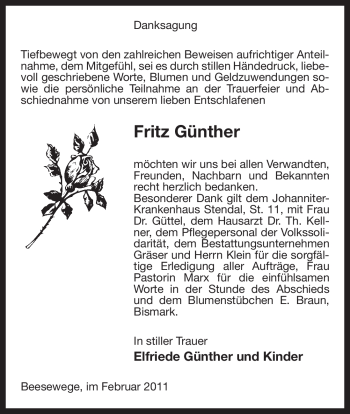 Traueranzeige von Fritz Günther von ALLGEMEINE ZEITUNG UELZEN