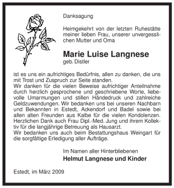 Traueranzeige von Marie Luise Langnese von ALLGEMEINE ZEITUNG UELZEN