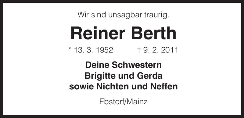  Traueranzeige für Reiner Berth vom 19.02.2011 aus ALLGEMEINE ZEITUNG UELZEN