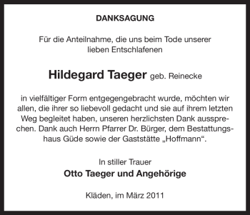 Traueranzeige von Hildegard Taeger von ALLGEMEINE ZEITUNG UELZEN