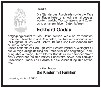 Traueranzeige von Eckhard Gadau von ALLGEMEINE ZEITUNG UELZEN