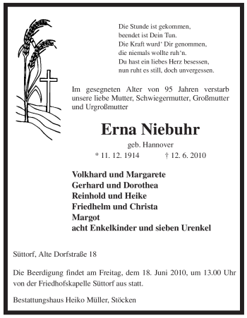 Traueranzeige von Erna Niebuhr von ALLGEMEINE ZEITUNG UELZEN