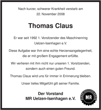 Traueranzeige von Thomas Claus von ALLGEMEINE ZEITUNG UELZEN