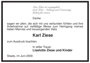 Traueranzeige von Karl Ziese von ALLGEMEINE ZEITUNG UELZEN