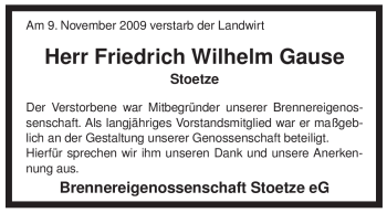 Traueranzeige von Friedrich Wilhelm Gause von ALLGEMEINE ZEITUNG UELZEN