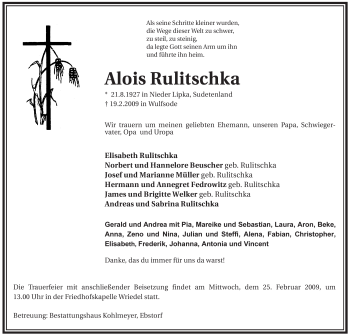 Traueranzeige von Alois Rulitschka von ALLGEMEINE ZEITUNG UELZEN