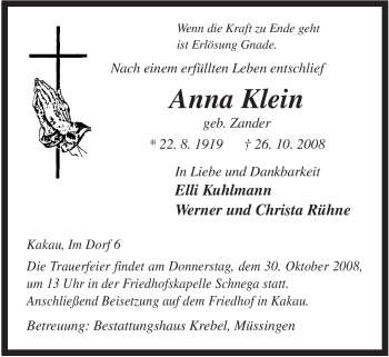 Traueranzeige von Anna Klein von ALLGEMEINE ZEITUNG UELZEN