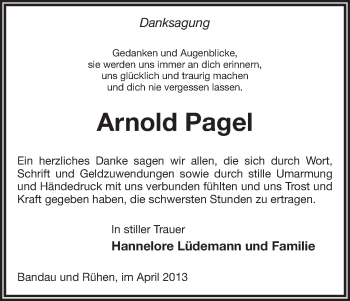 Traueranzeige von Arnold Pagel von Uelzen