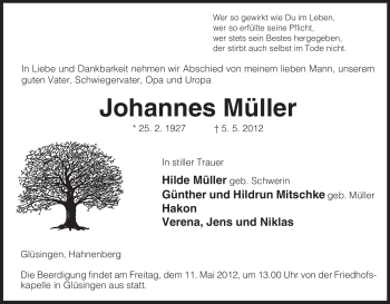 Traueranzeige von Johannes Müller von ALLGEMEINE ZEITUNG UELZEN