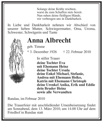 Traueranzeige von Anna Albrecht von ALLGEMEINE ZEITUNG UELZEN