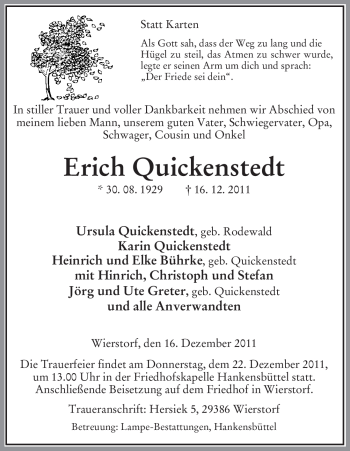 Traueranzeige von Erich Quickenstedt von ALLGEMEINE ZEITUNG UELZEN