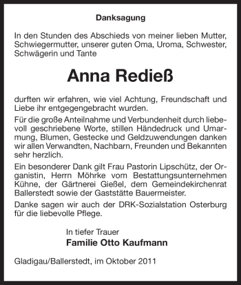 Traueranzeige von Anna Redieß von ALLGEMEINE ZEITUNG UELZEN