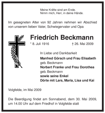 Traueranzeige von Friedrich Beckmann von ALLGEMEINE ZEITUNG UELZEN