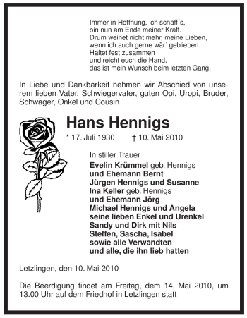 Traueranzeige von Hans Hennigs von ALLGEMEINE ZEITUNG UELZEN
