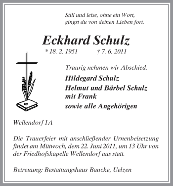 Traueranzeige von Eckhard Schulz von ALLGEMEINE ZEITUNG UELZEN