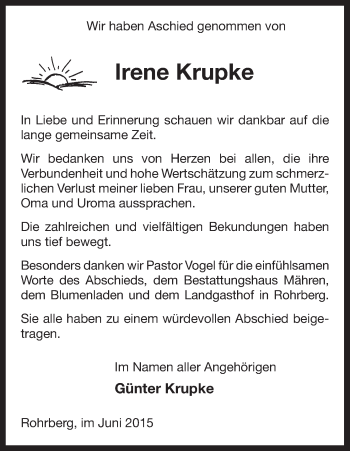 Traueranzeige von Irene Krupke von Uelzen
