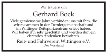 Traueranzeige von Gerhard Bock von ALLGEMEINE ZEITUNG UELZEN