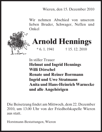 Traueranzeige von Arnold Hennings von ALLGEMEINE ZEITUNG UELZEN