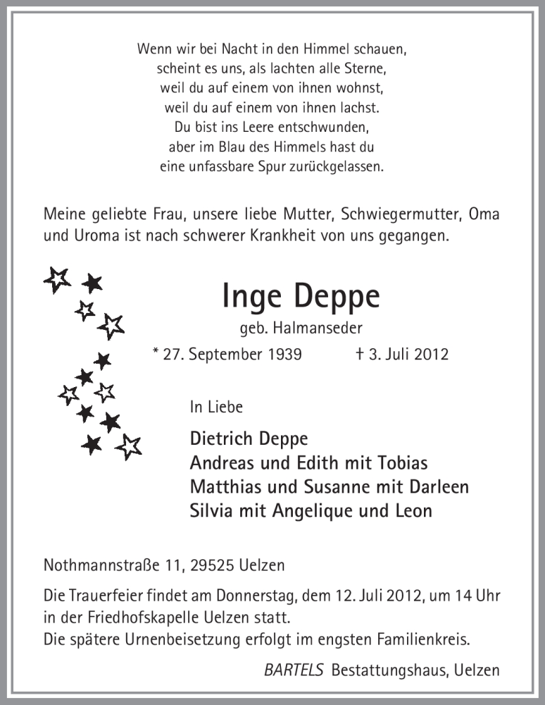  Traueranzeige für Inge Deppe vom 07.07.2012 aus ALLGEMEINE ZEITUNG UELZEN