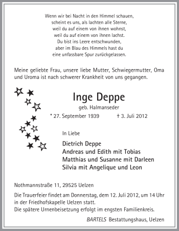 Traueranzeige von Inge Deppe von ALLGEMEINE ZEITUNG UELZEN