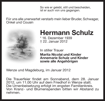 Traueranzeige von Hermann Schulz von ALLGEMEINE ZEITUNG UELZEN