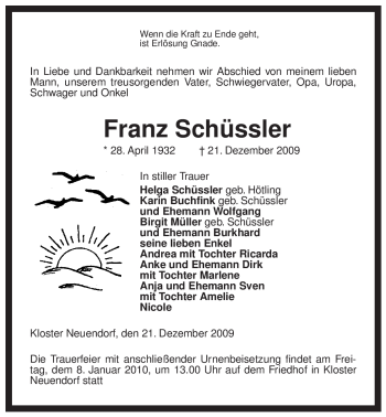 Traueranzeige von Franz Schüssler von ALLGEMEINE ZEITUNG UELZEN