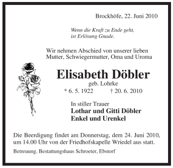 Traueranzeige von Elisabeth Döbler von ALLGEMEINE ZEITUNG UELZEN