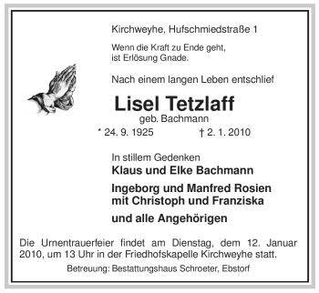 Traueranzeige von Lisel Tetzlaff von ALLGEMEINE ZEITUNG UELZEN