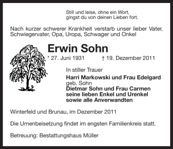 Traueranzeige von Erwin Sohn von ALLGEMEINE ZEITUNG UELZEN